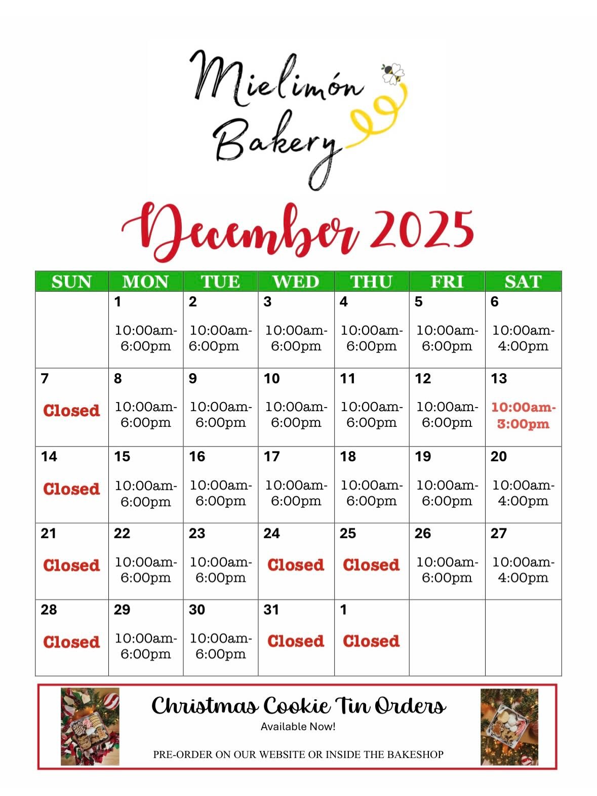 Happy Sunday everyone! Sharing our calendar for the month as we have some holiday closures and this coming Saturday we are closing a bit early for a wedding delivery and set up.

Thank you all for your constant support of our little bakery! Don&rsquo