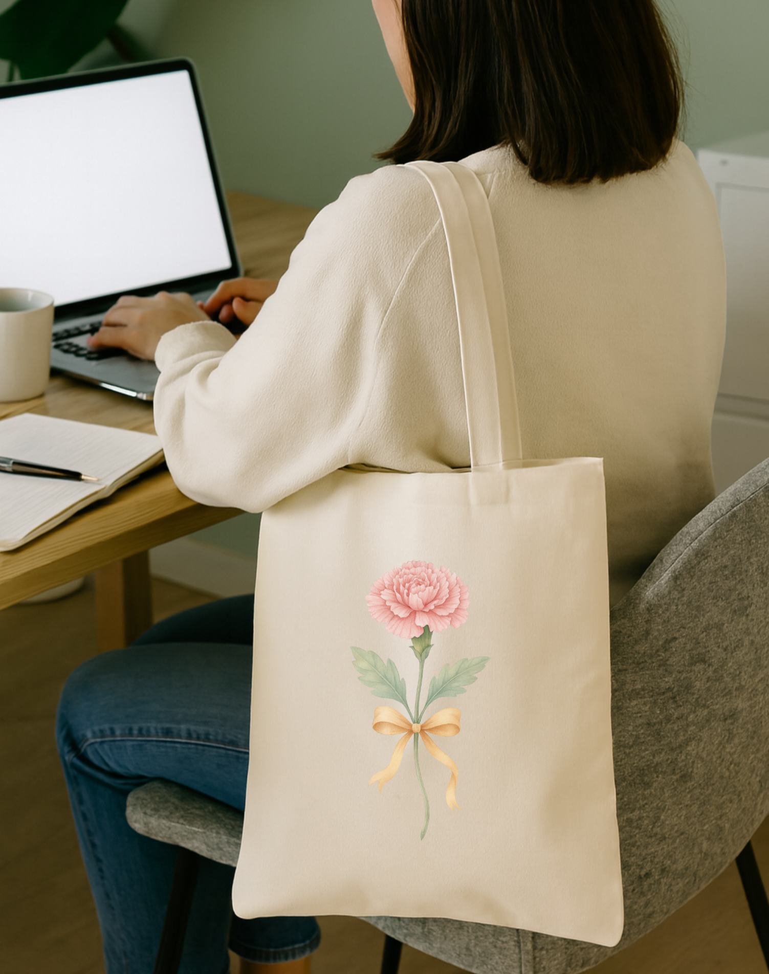 A woman sitting at a desk with a laptop, a notebook, and a pen. She has a beige tote bag with a pink carnation flower and green leaves on it, hanging on her shoulder.