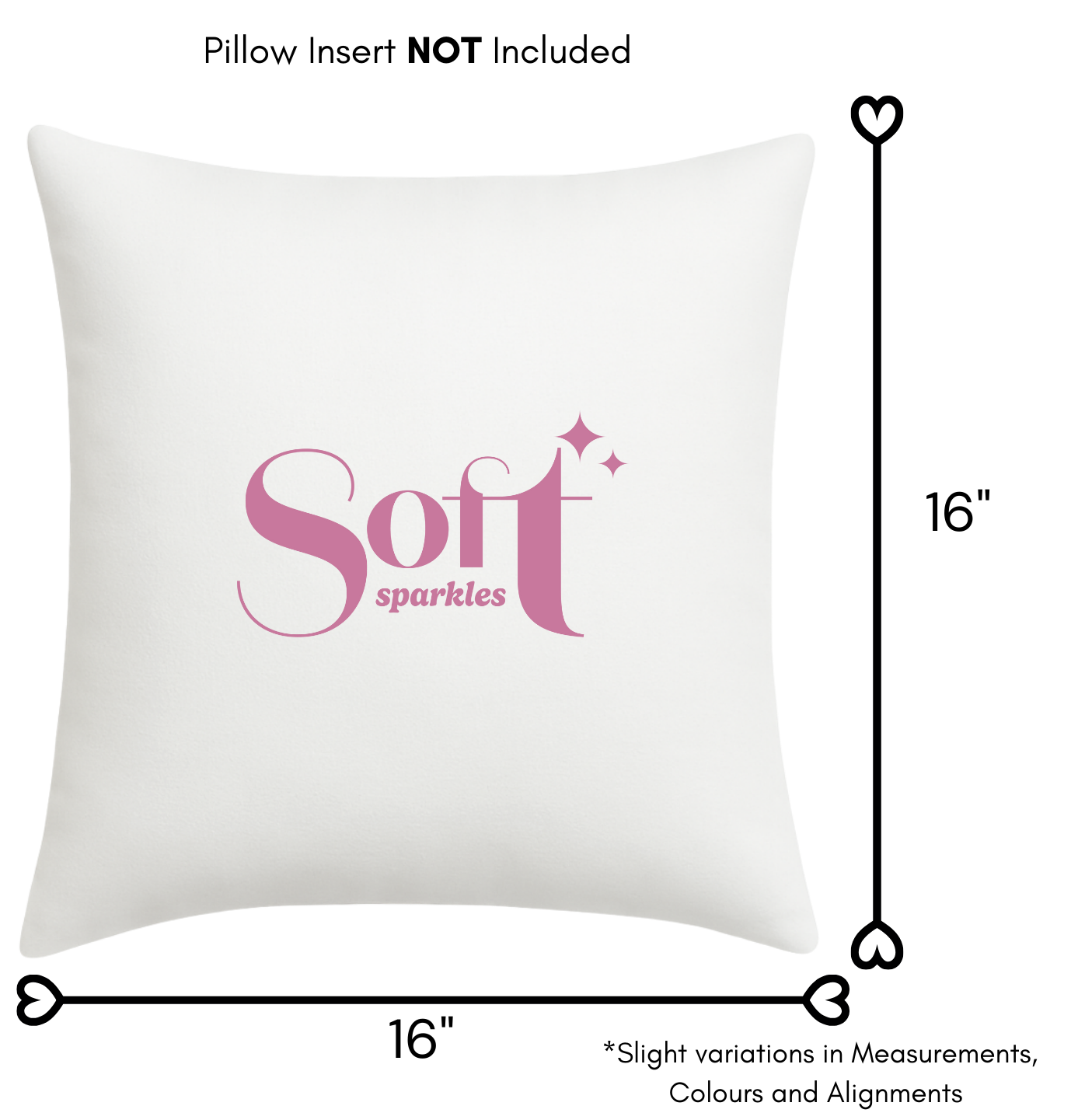 White pillow with the words "Soft Sparkles" in pink, stylized font, with measurements of the length and width.