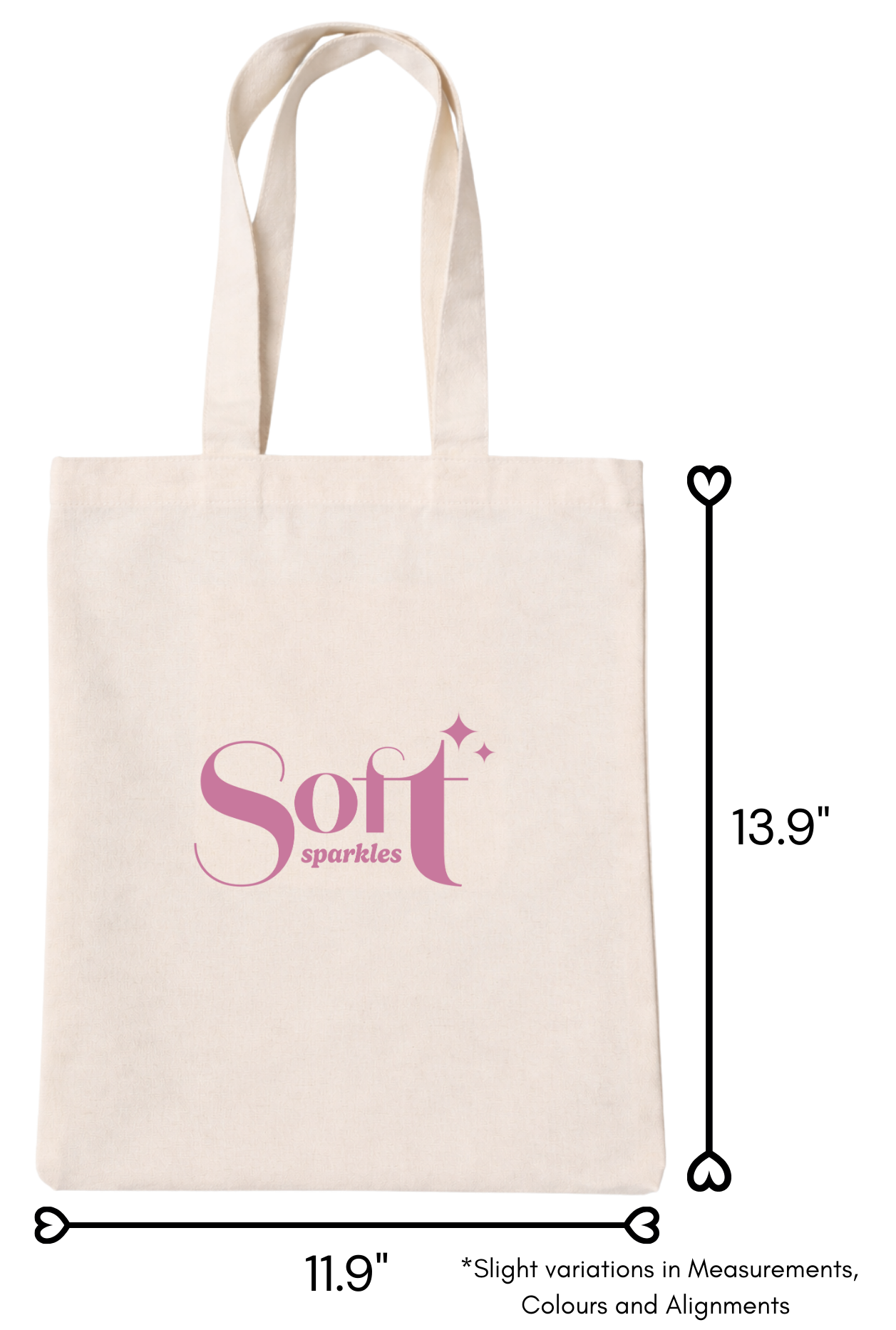 A beige tote bag with pink and purple text reading 'Soft Sparkles' and measurements of the length and width.