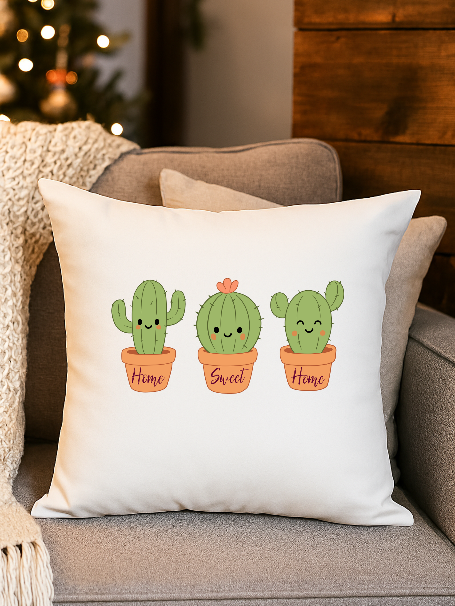 Decorative pillow with three cartoon cacti in pots, labeled 'Home,' 'Sweet,' and 'Home,' with smiling faces and blush on cheeks, against a cozy living room background with a Christmas tree.