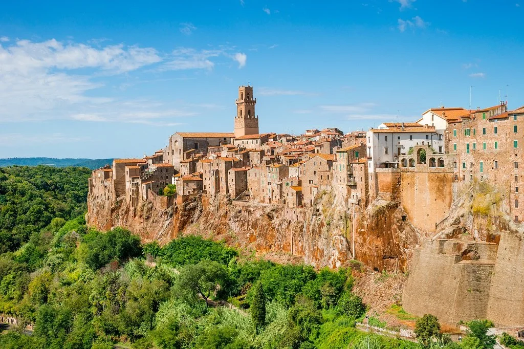 The historic hilltop town of Pitigliano, perched high on volcanic tufa stone, in Grosseto province of Tuscany, Italy.