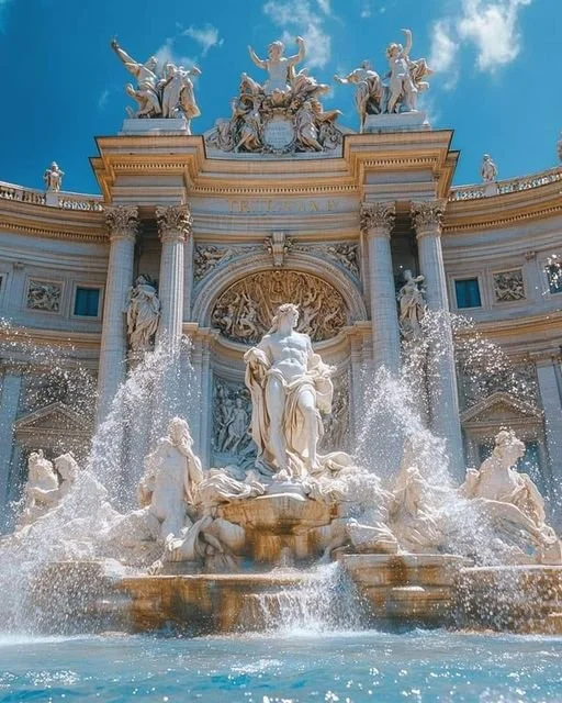 Baroque-style fountain with sculptures, water spray, and a grand building with columns in the background, under a partly cloudy sky.