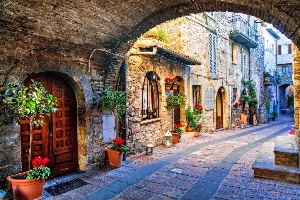 A charming narrow cobblestone street in an old European village, lined with stone buildings decorated with potted plants and flowers, under an arched stone bridge.