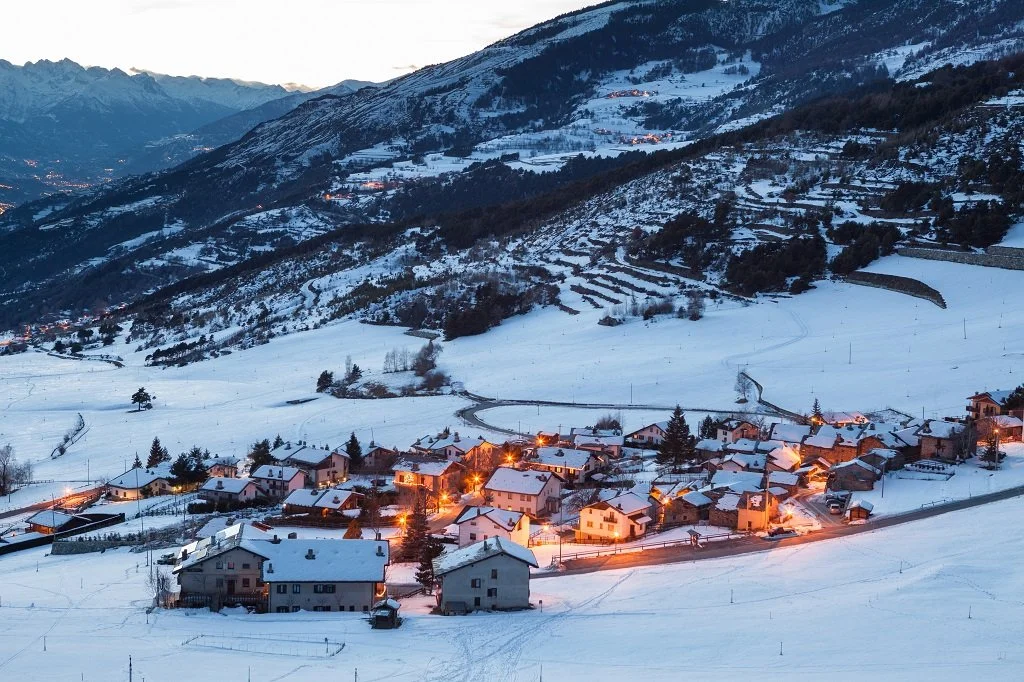 Snowy alpine village of Saint-Denis, located in the Aosta Valley (Valle d'Aosta) region of northwestern Italy.
