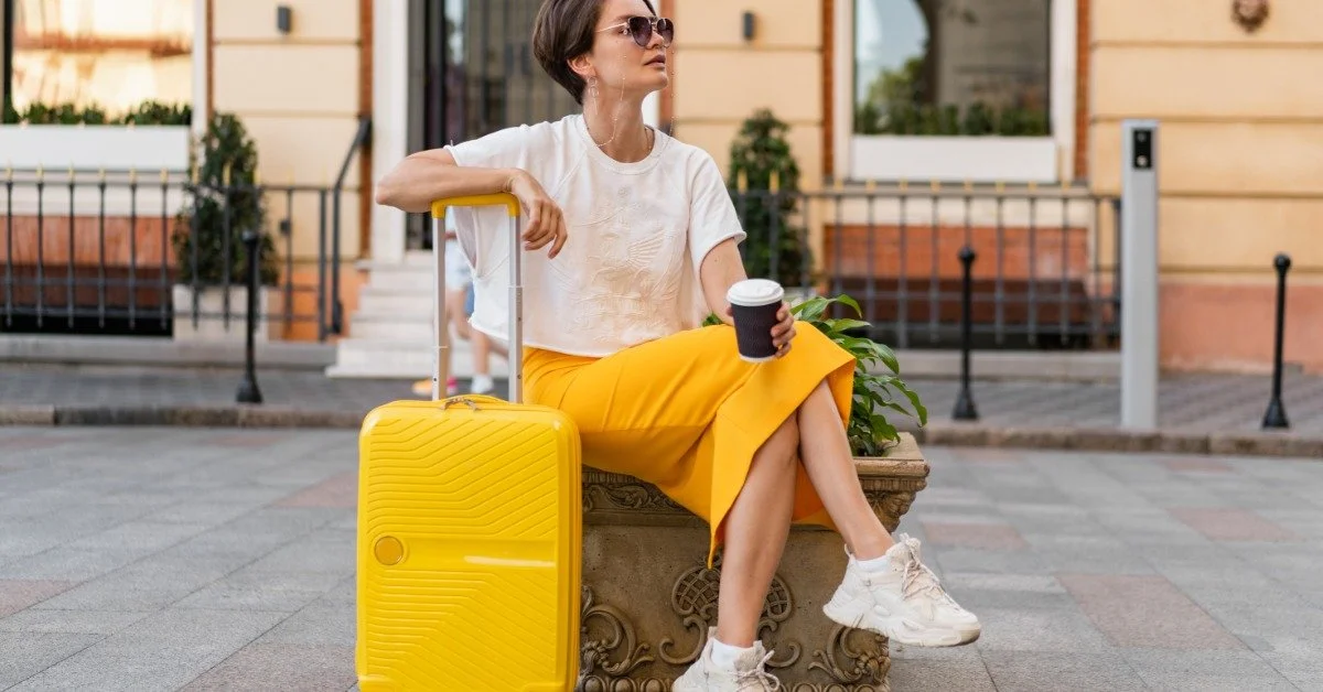 A woman in sunglasses sits with a coffee and bright yellow suitcase on a planter outside a building on a sidewalk.