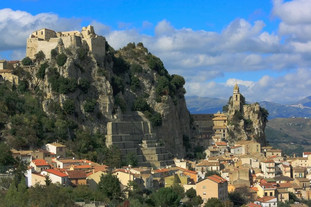 Spectacular view of Bagnoli del Trigno, perched dramatically on a limestone formation in the Molise region of Italy.