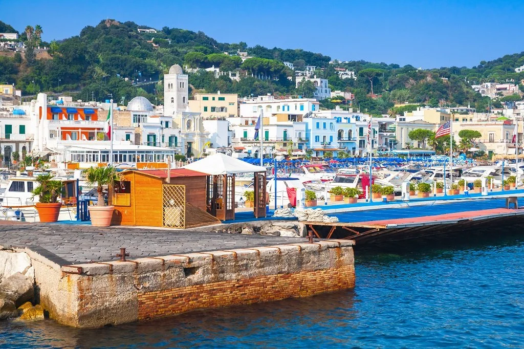 A vibrant marina with boats docked along the pier, colorful hillside town in the background, and lush green hills behind.