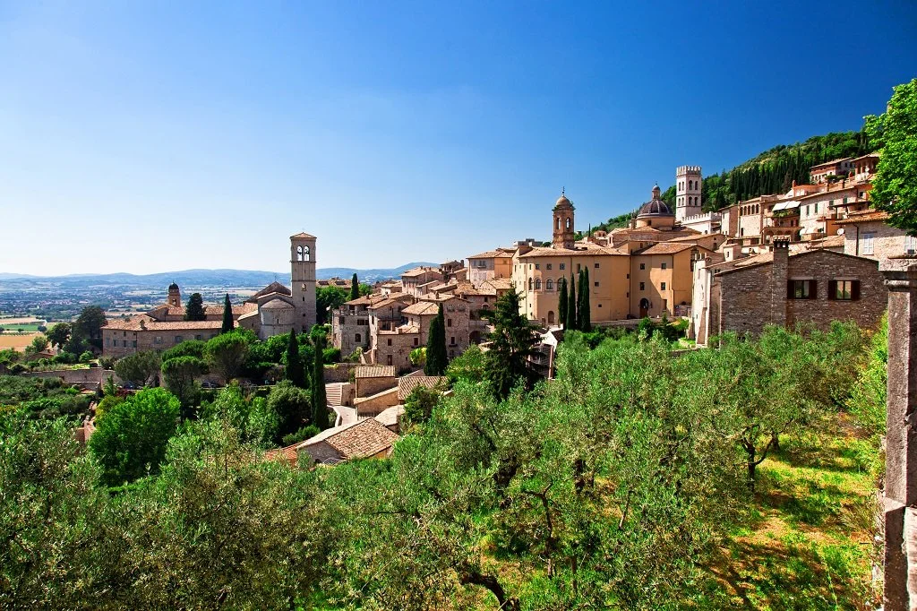 A scenic hillside view of a historic village with stone buildings, church steeples, and lush green trees under a clear blue sky.