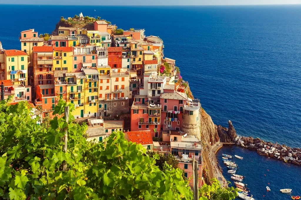 Colorful multi-story houses built on a steep cliffside overlooking the blue sea with boats docked at the base, lush green leaves in the foreground.