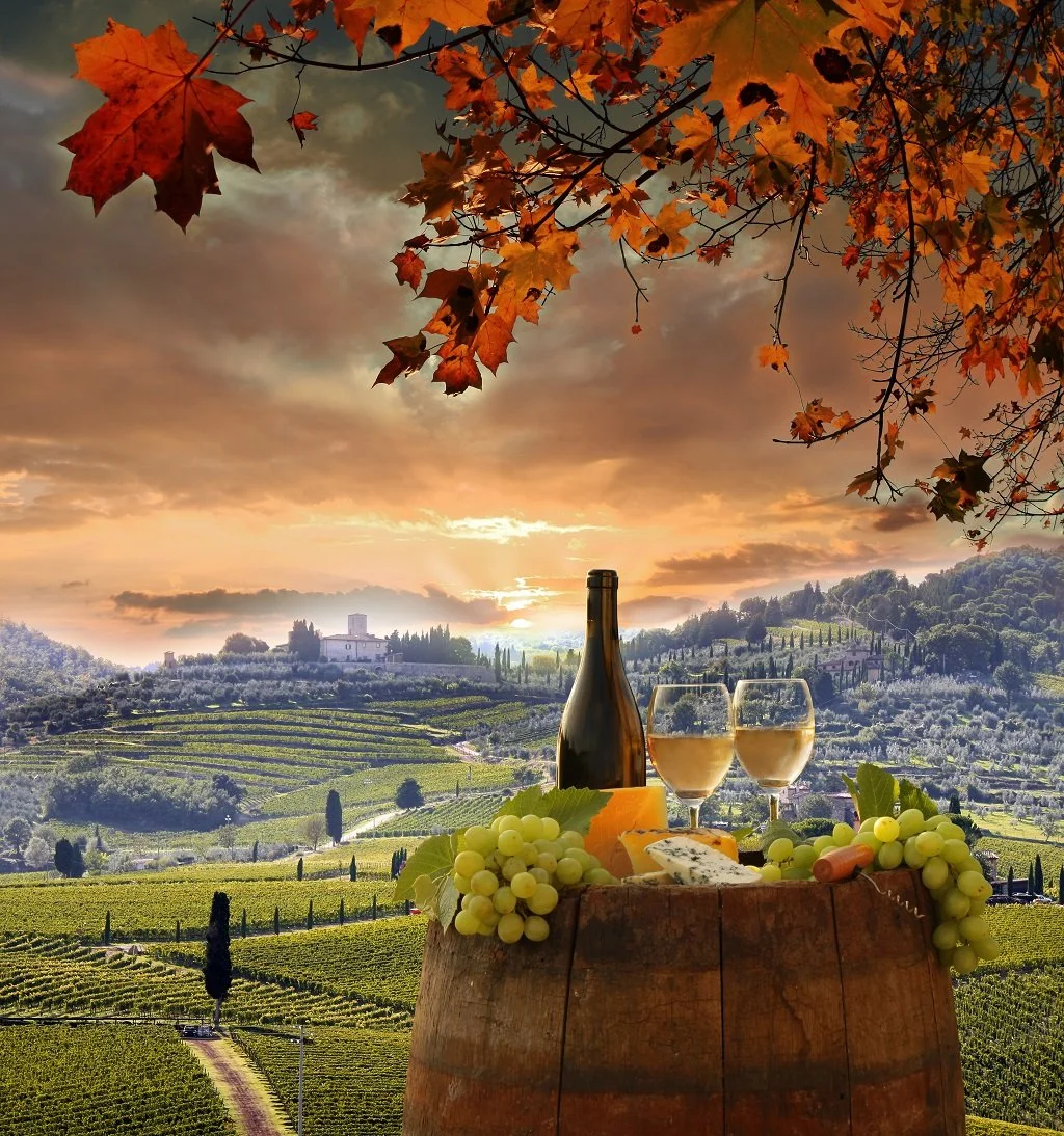 A scenic landscape of rolling vineyards at sunset with a wooden barrel in the foreground holding a wine bottle, two glasses of white wine, and grapes. Overhanging autumn leaves frame the top of the scene.