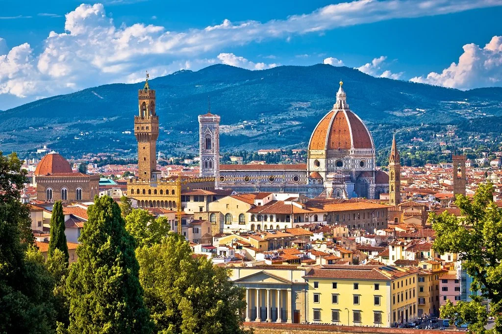 Skyline of Florence (Firenze), Italy, featuring the iconic terracotta dome of the Florence Cathedral (Basilica di Santa Maria del Fiore)