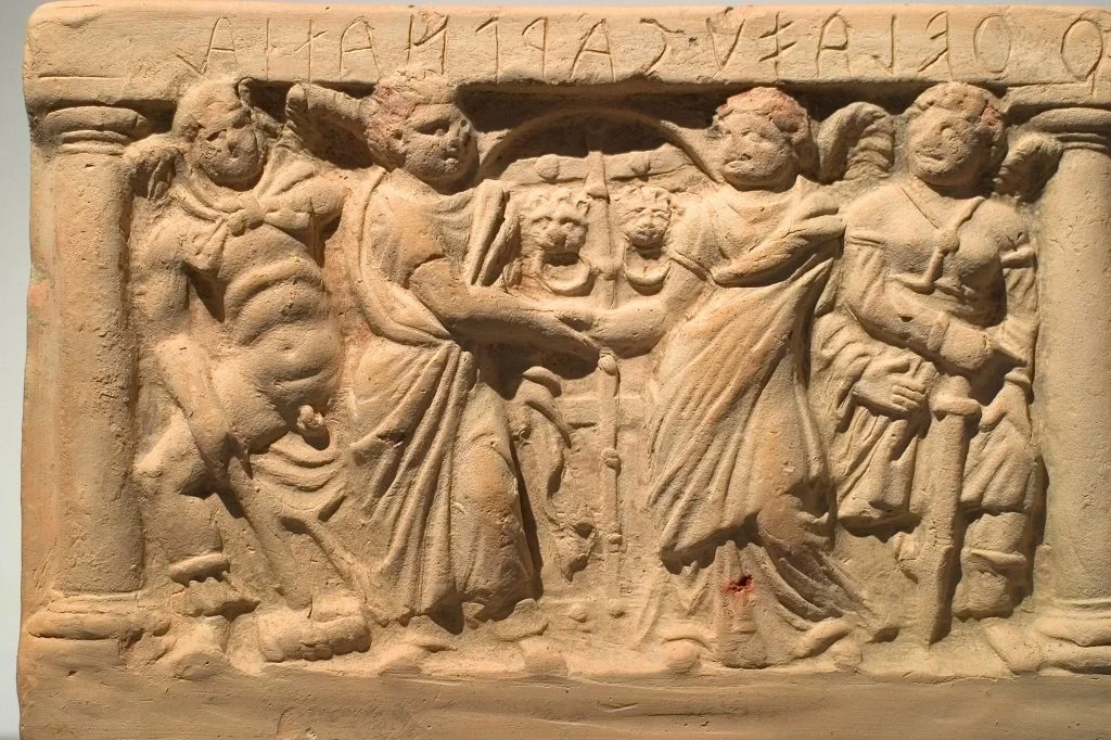 An ancient Etruscan terracotta cinerary urn or relief panel from Chiusi, Italy, dating to around the 2nd century BC, housed in the National Archaeological Museum of Florence.