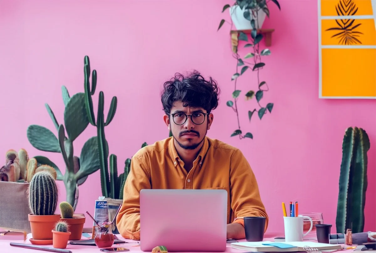 Man with curly hair and glasses working on a laptop at a pink desk with various potted cacti and plants in a colorful room.