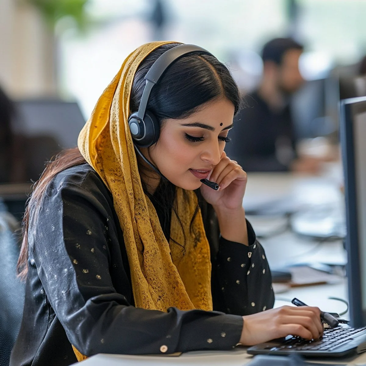 A woman wearing a yellow scarf and headset works at a computer in an office setting, focused on typing.