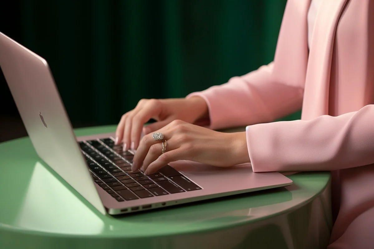 Person in pink blazer typing on a laptop at a green table.