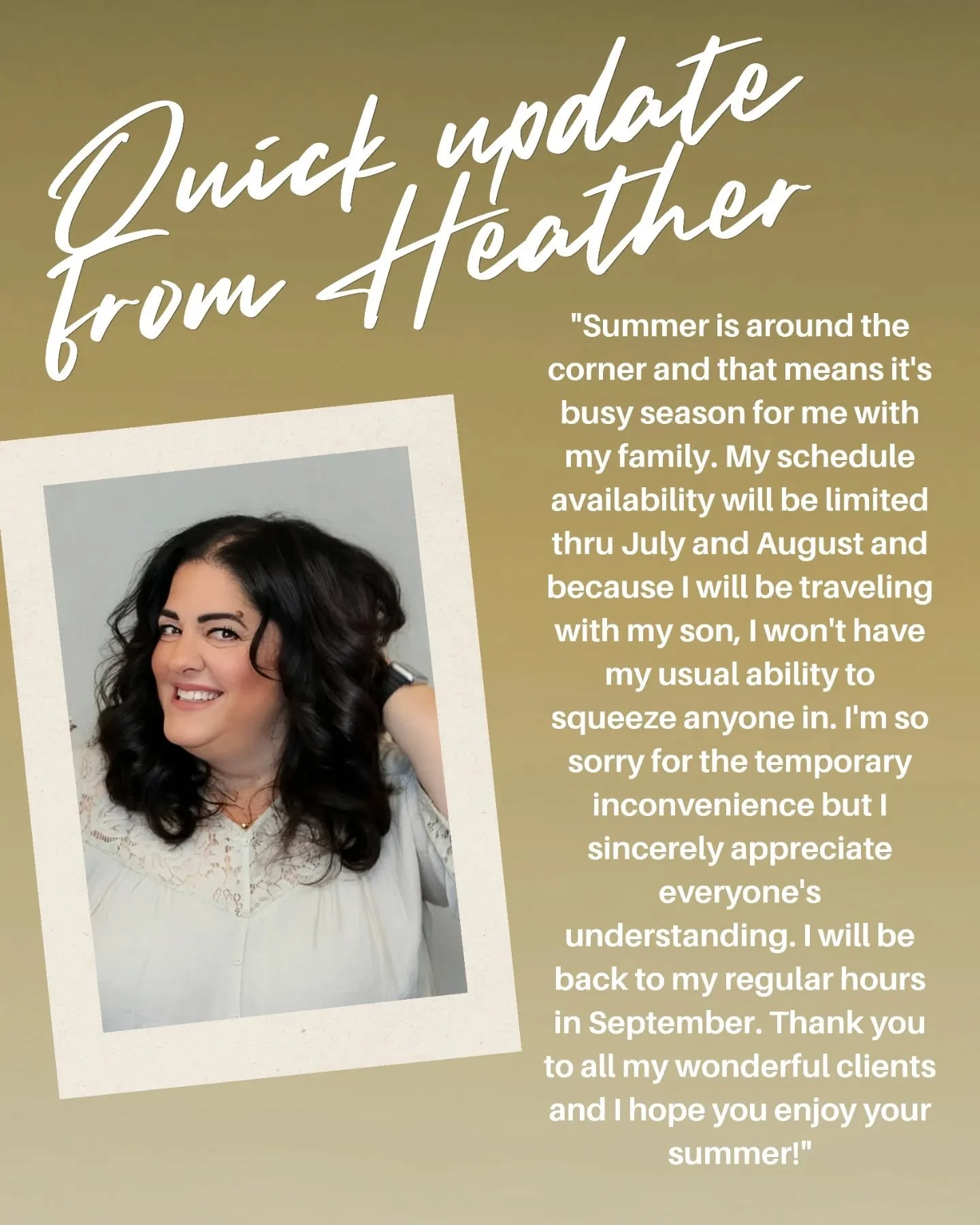A quick update from Heather 🤍 It's her busiest season so we appreciate her clients' understanding. Heather will be temporarily unable to make many adjustments to her schedule. Thank you again for being such great clients and for your understanding!