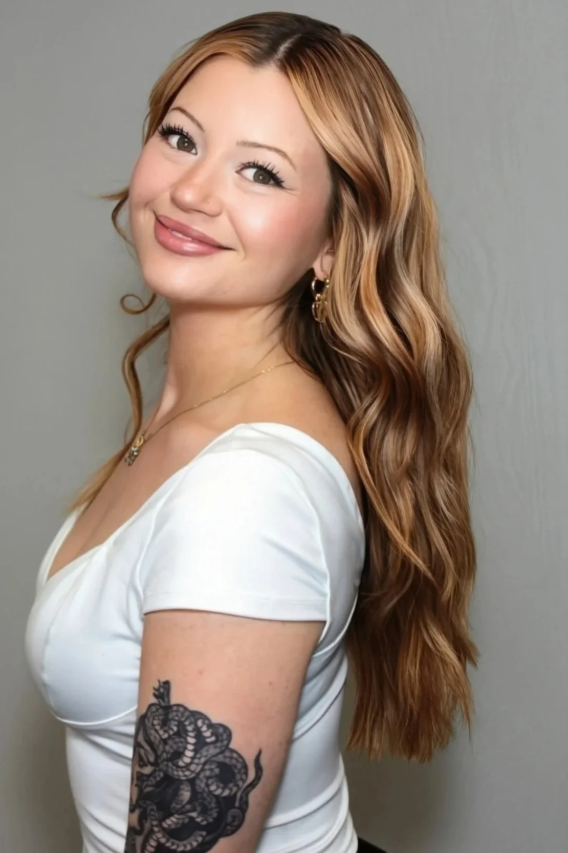 A woman with long red hair, blue eyes, and makeup, wearing a black top, a gold necklace with a floral pendant, and a small tattoo of a branch on her chest. She is smiling and looking at the camera against a gray background.