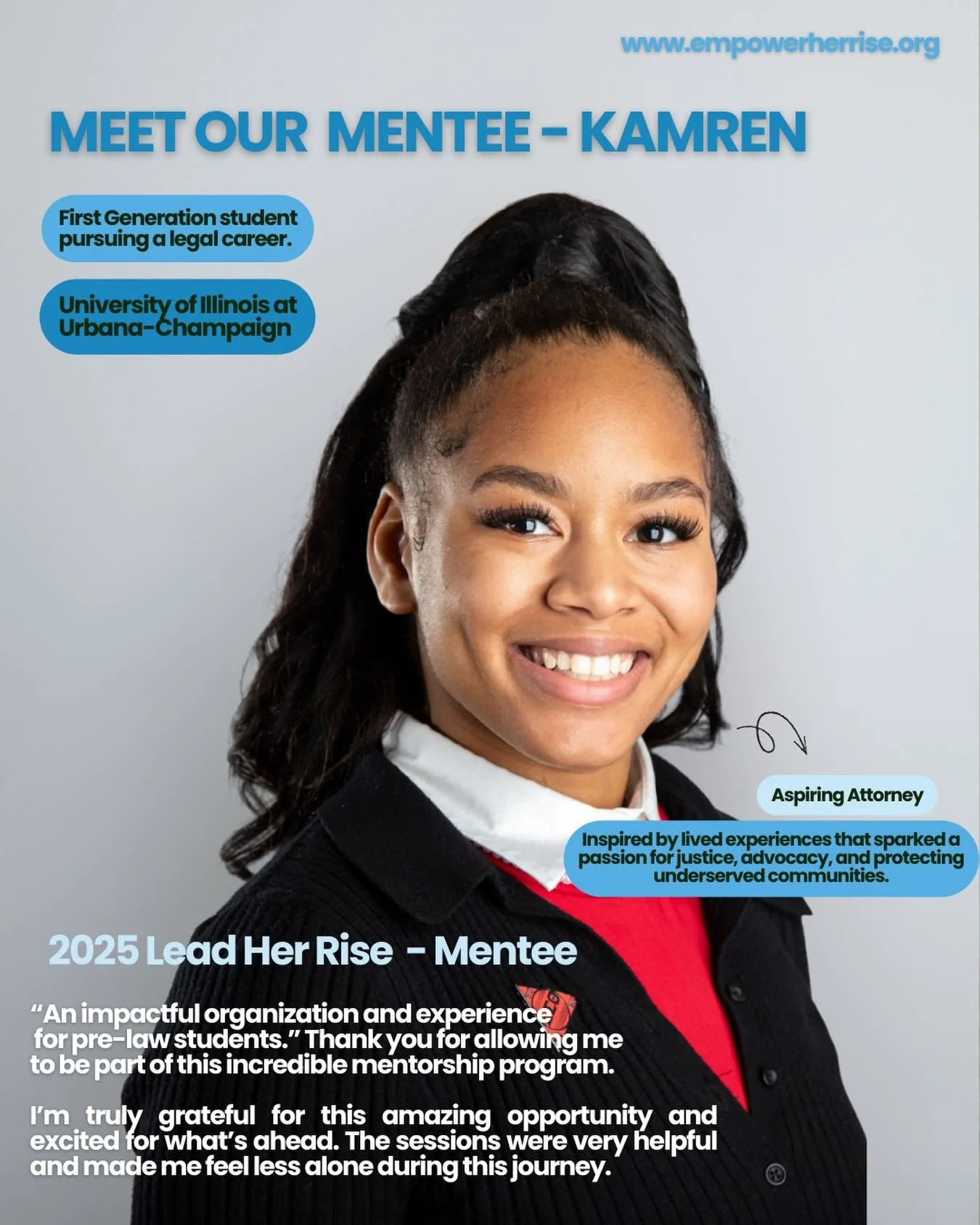 We are proud to shine a spotlight on Kamren , a senior at the University of Illinois at Urbana-Champaign, majoring in Political Science with a minor in Communication. ✨

A first-generation college student and aspiring attorney, Kamren&rsquo;s journey