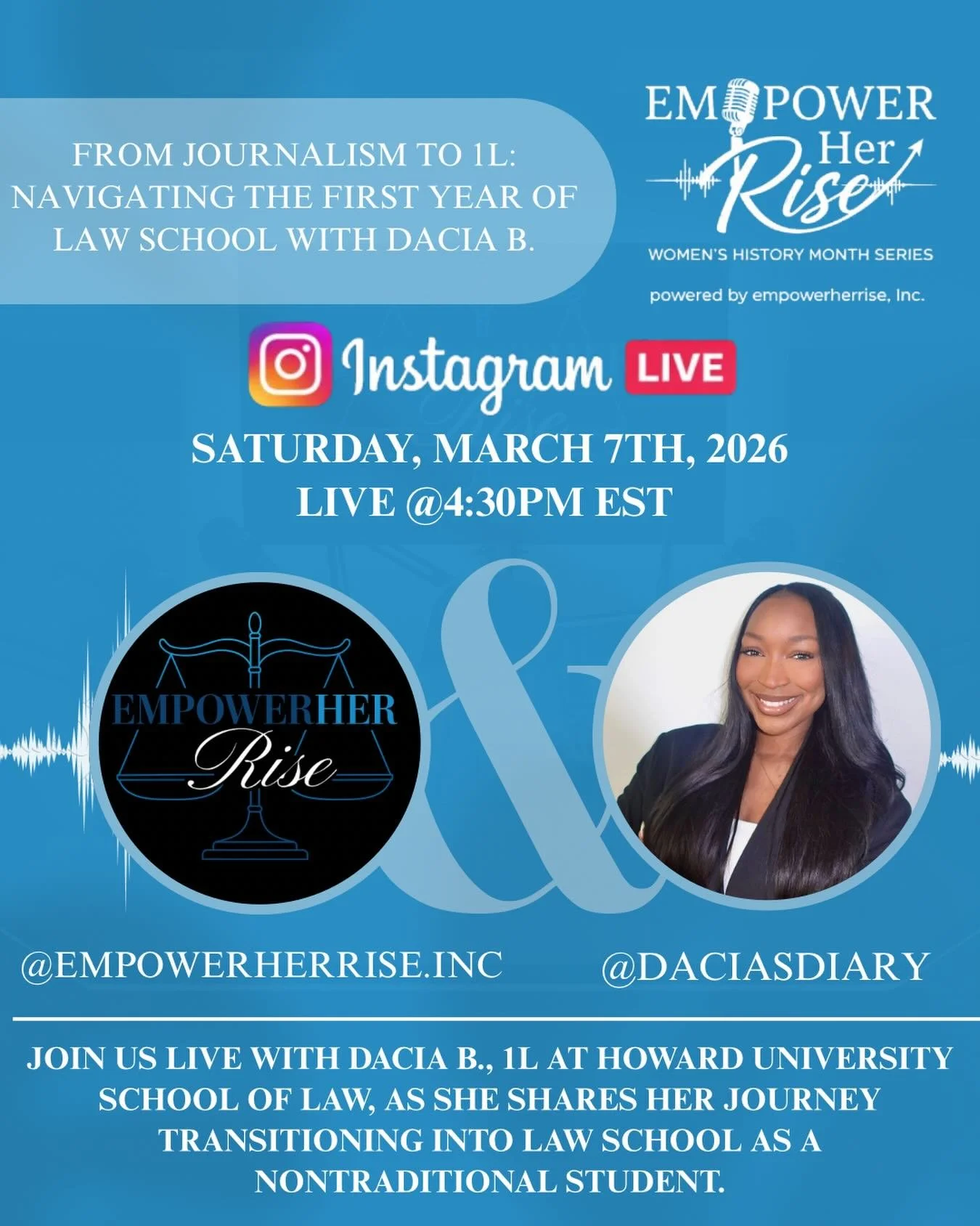 Join us tomorrow for an inspiring conversation on Instagram live. 💐⚖️

From Journalism to 1L: Navigating the First Year of Law School with Dacia B.

We&rsquo;re sitting down with Dacia B., a nontraditional 1L at Howard University School of Law and g