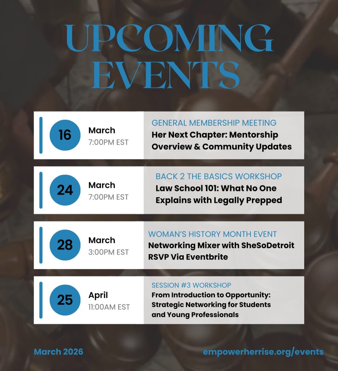 Join us for a series of events designed to support students and early career professionals through mentorship, professional development, and community connection. 💐⚖️🙌🏾

March 16 | 7:00 PM EST ⚖️
General Membership Meeting
Her Next Chapter: Mentor