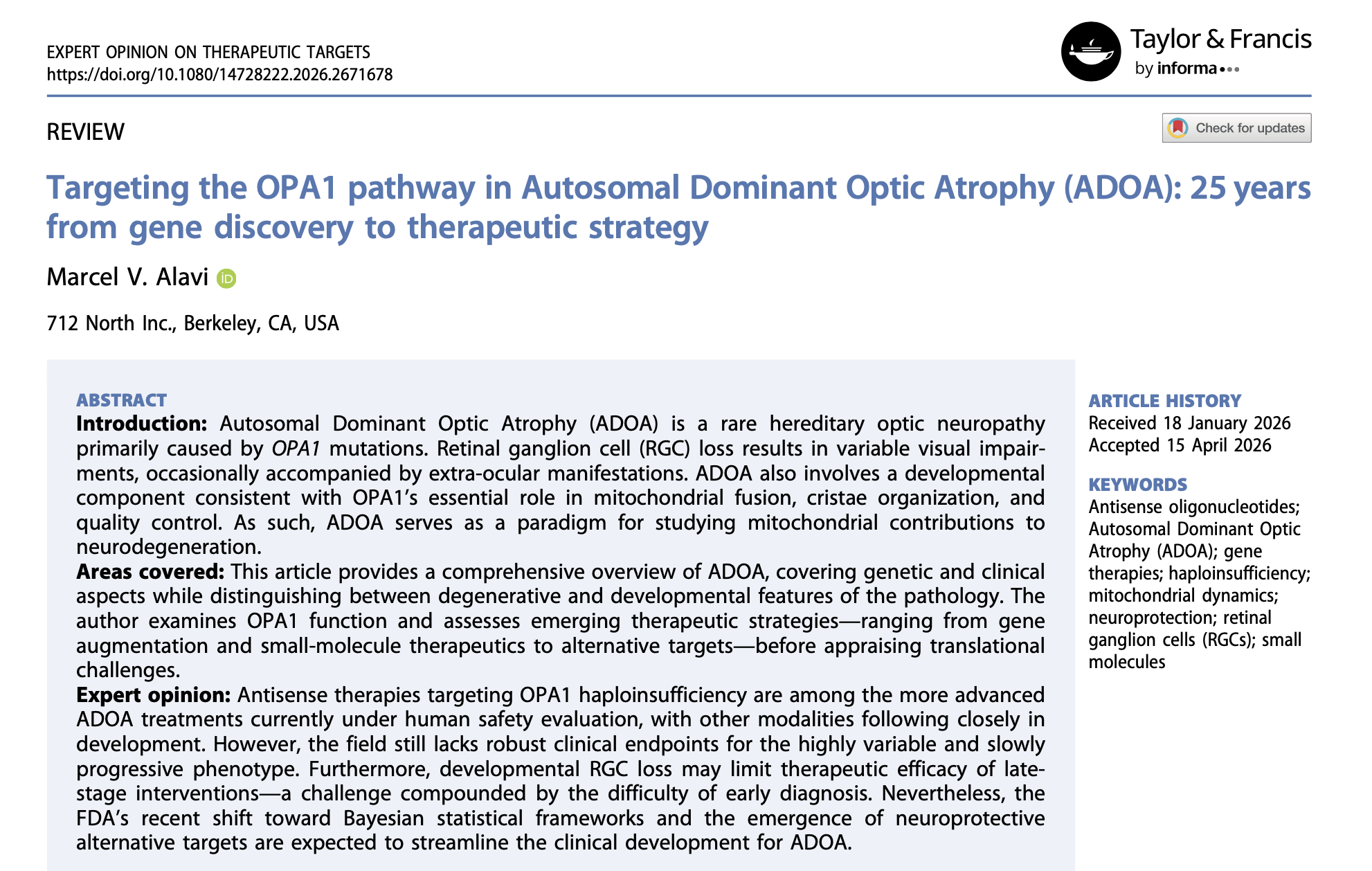 712 North Inc. Announces Publication of Authoritative Review on OPA1 Pathway and Therapeutic Strategies in Autosomal Dominant Optic Atrophy