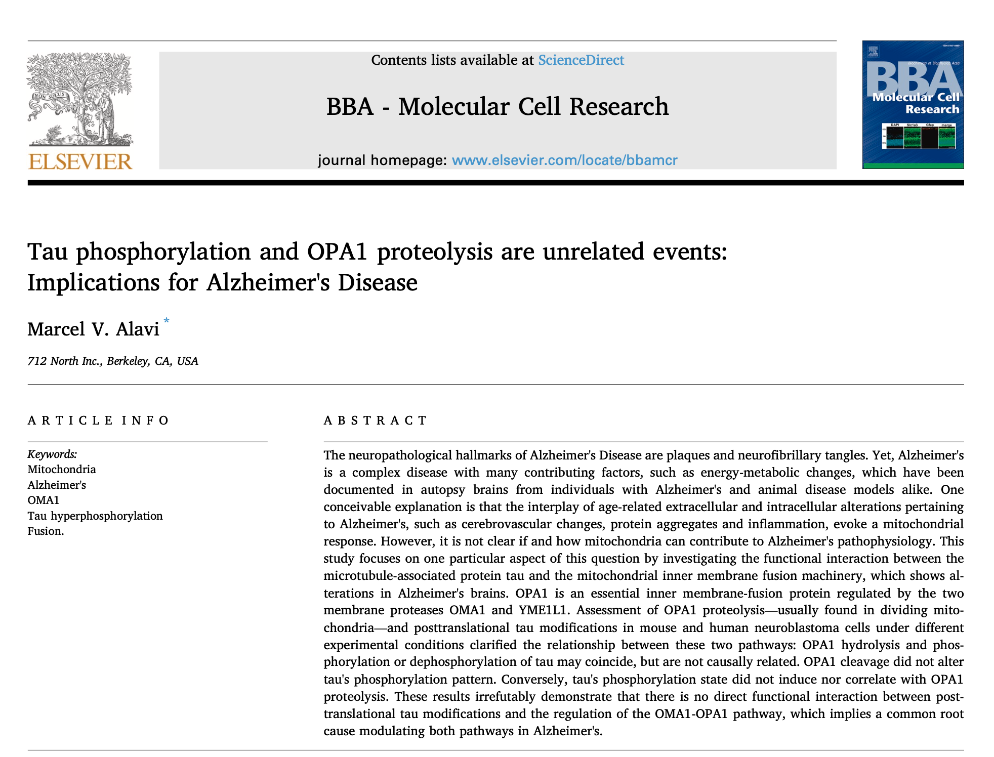 712 North Inc. Unveils New Research Clarifying the Relationship Between Tau and the Mitochondrial OPA1/OMA1 Pathway in Alzheimer’s Disease