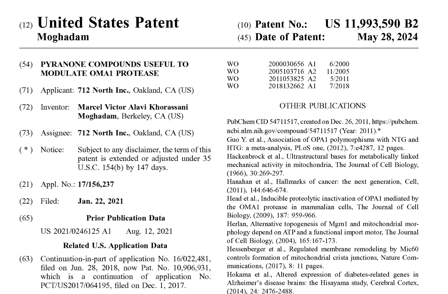 712 North Inc. Announces USPTO Grant of New Patent for Innovative OMA1 Protease Modulators