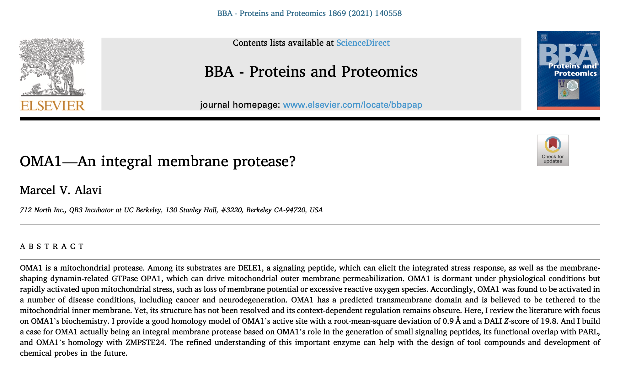 712 North Inc. Proposes New Structural Paradigm for OMA1 Protease in BBA – Proteins and Proteomics Publication