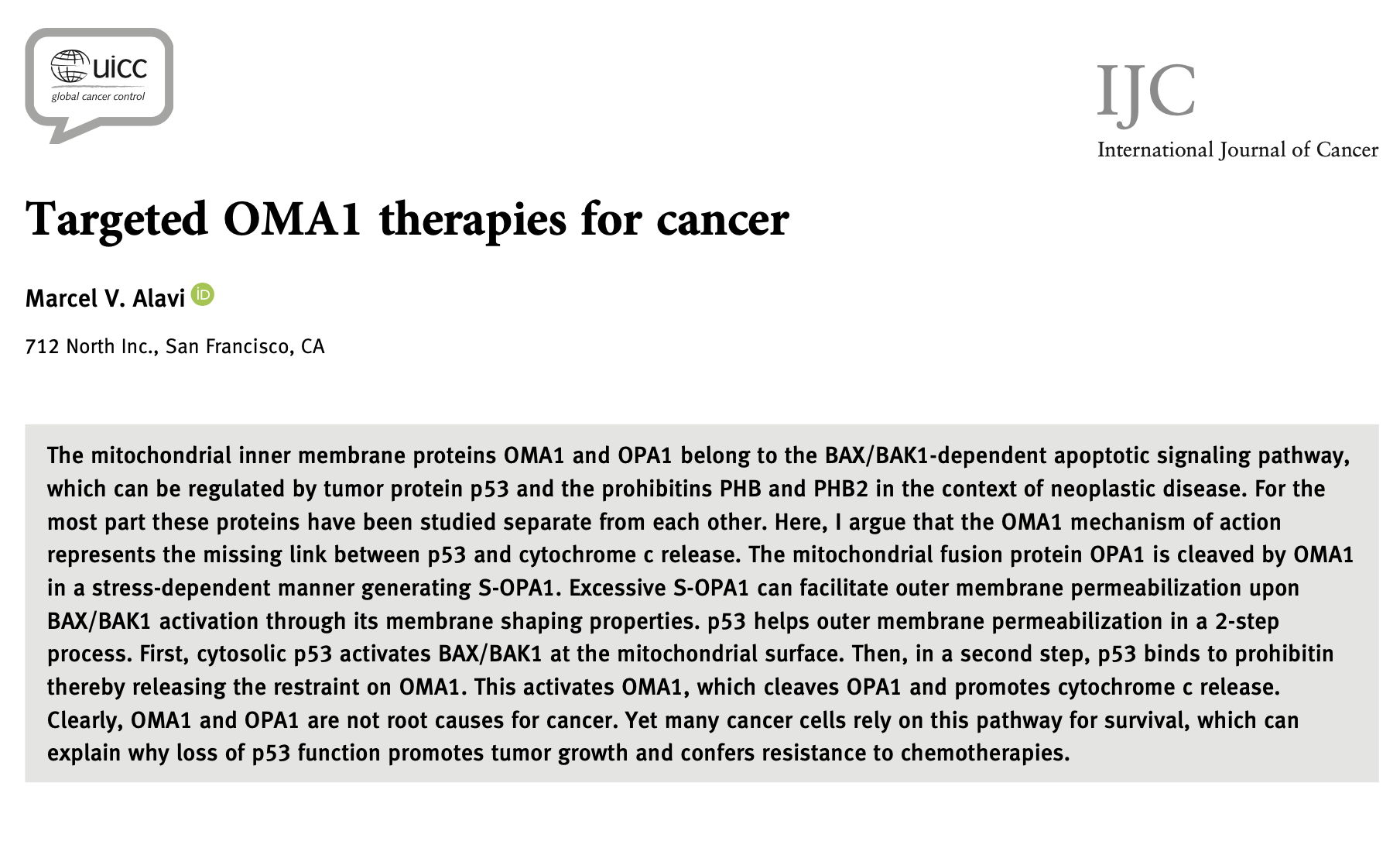 712 North Inc. Identifies OMA1 as a Potential New Oncology Target in International Journal of Cancer Publication