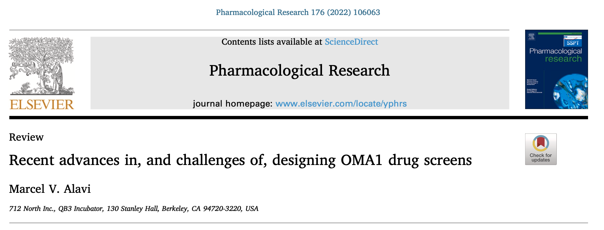 Screenshot of a scientific journal webpage titled 'Pharmacological Research.' It includes the Elsevier logo, a blue cover image with the title 'Pharmacological research,' and a section with the article title 'Recent advances in, and challenges of, designing OMA1 drug screens' by Marcel V. Alavi. The page metadata shows it is from 2022, with a journal homepage link and other publication details.