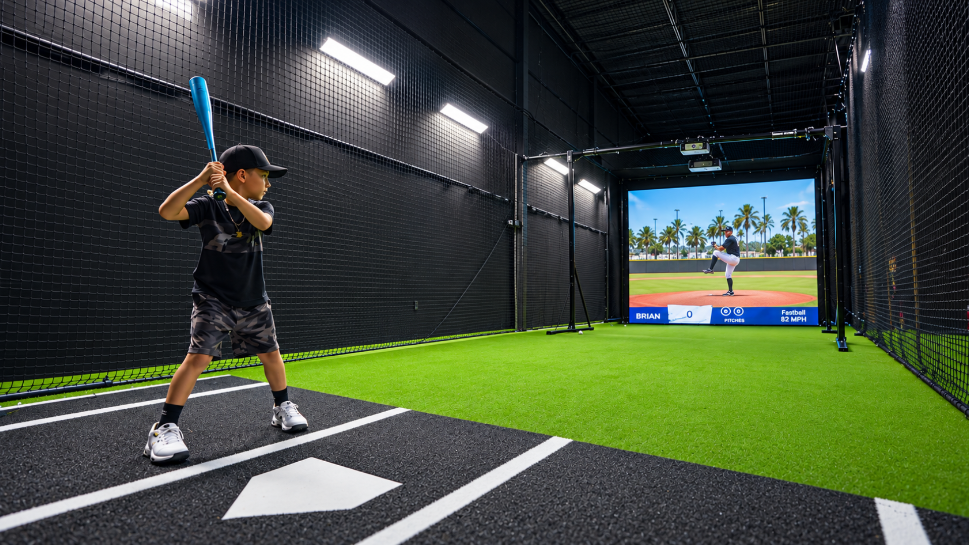 A hitter faces the on-screen pitcher inside the BatFast batting lane at The Training Camp HQ.
