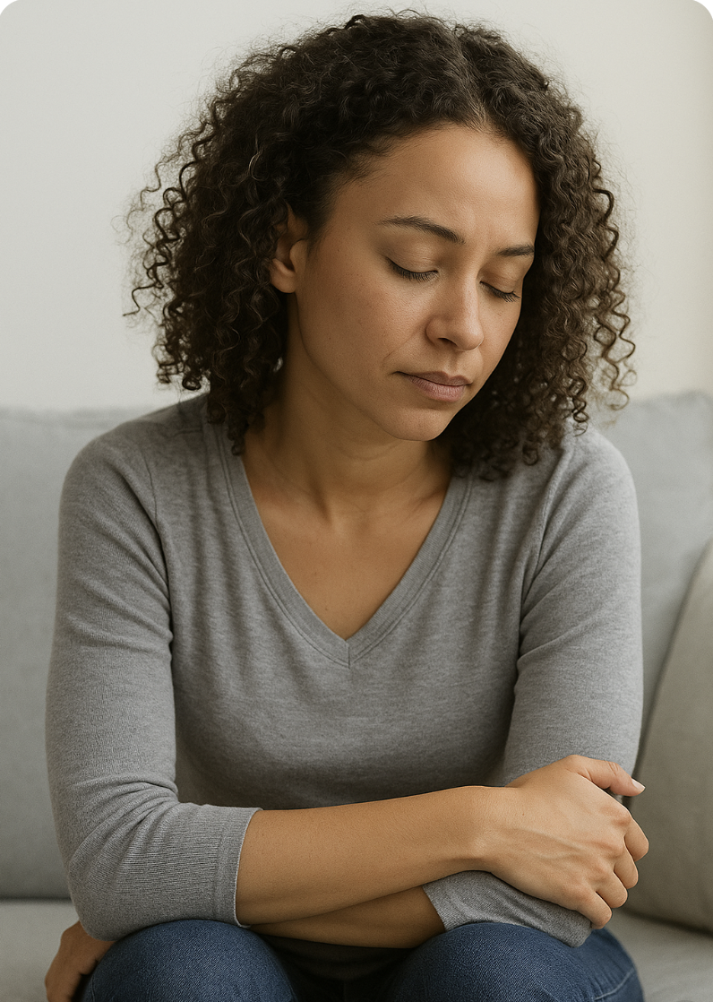A woman sitting on a couch in quiet reflection, symbolizing the space for self-understanding and emotional healing found in individual therapy.