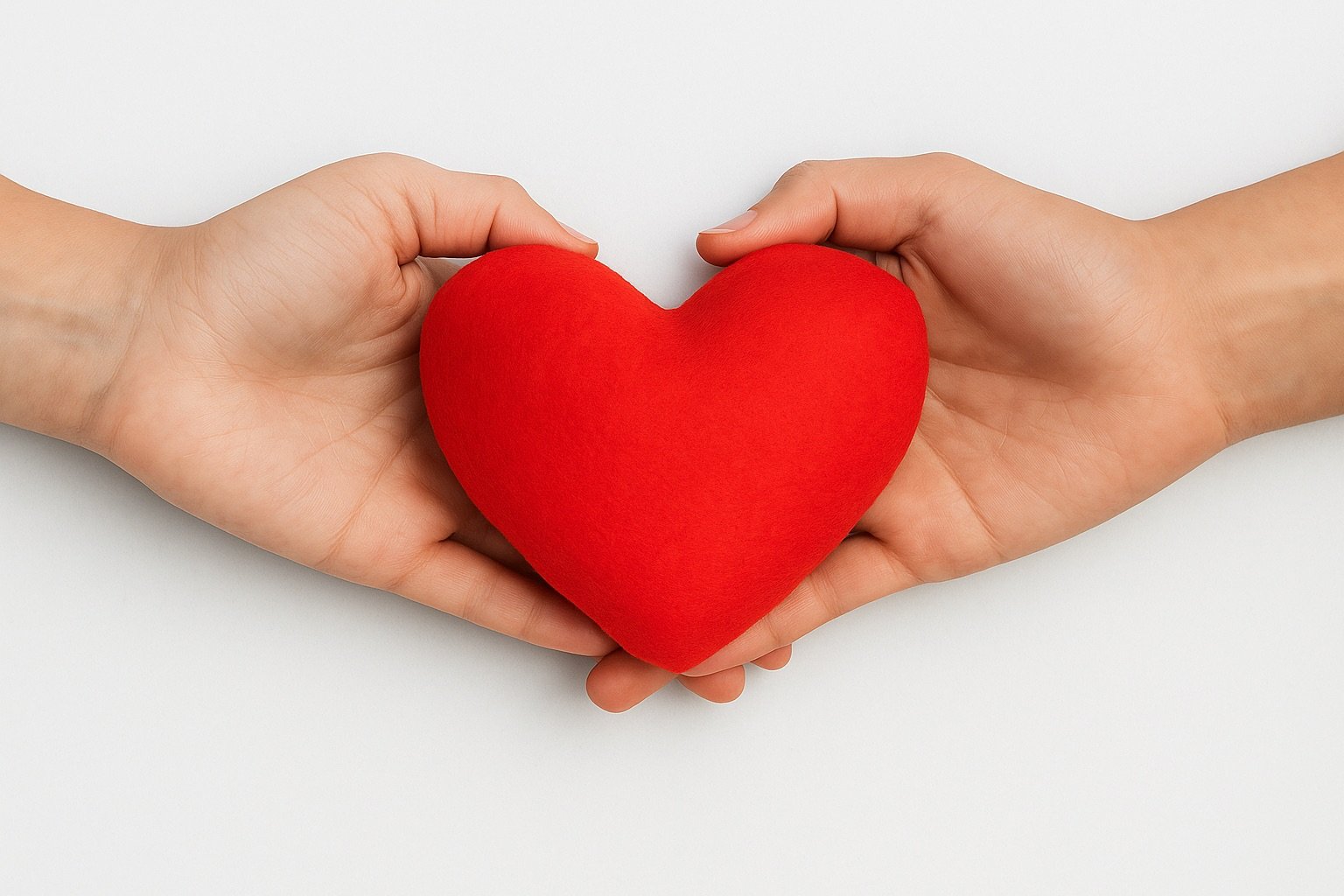 Two hands holding a red fabric heart, representing connection, trust, and the care needed to rebuild relationships in couples therapy.