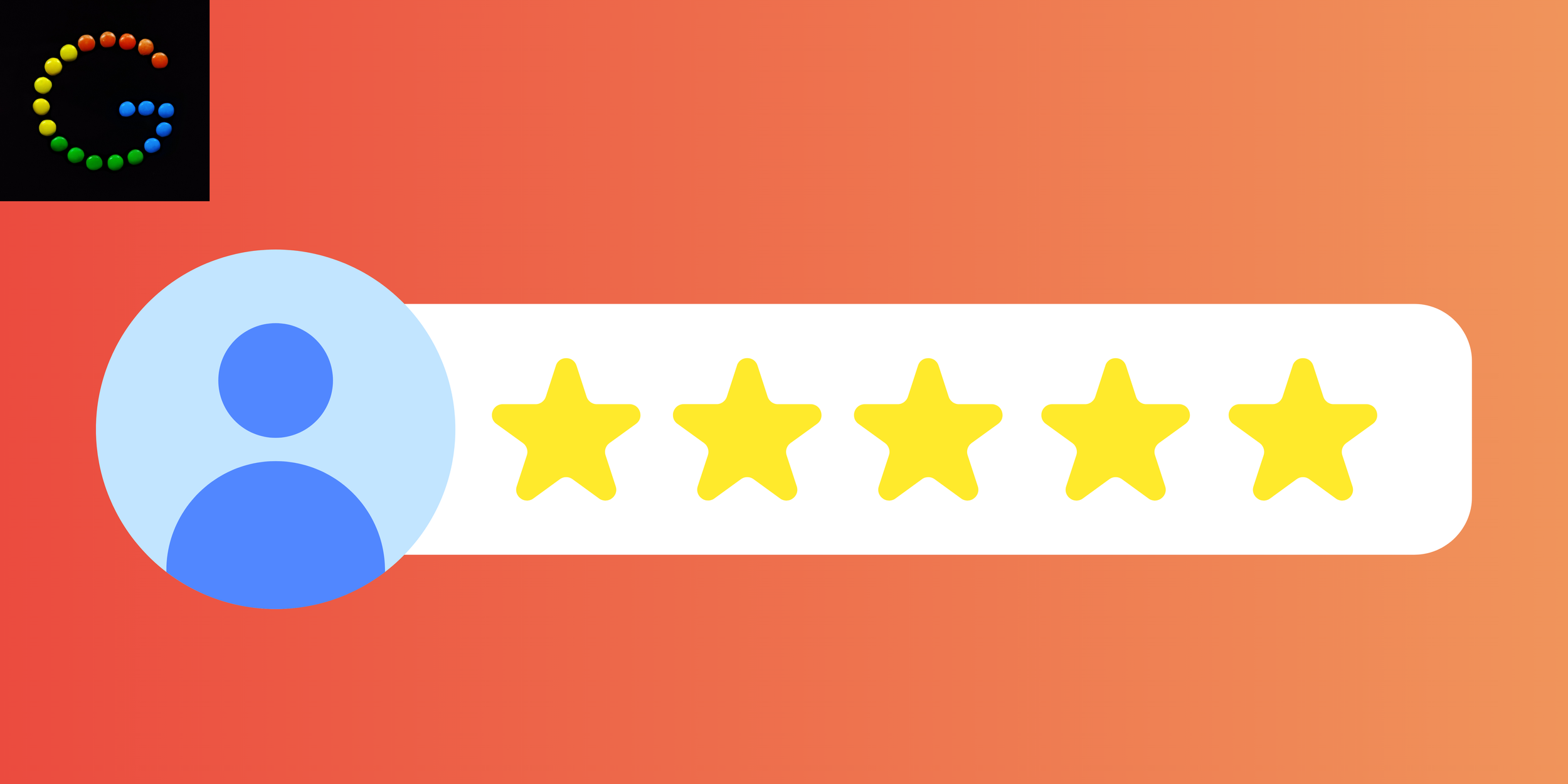 A user profile rating on a social media platform with five yellow stars displayed out of five on a white background, with a blue circular icon representing the user's profile picture on a red to orange gradient background.