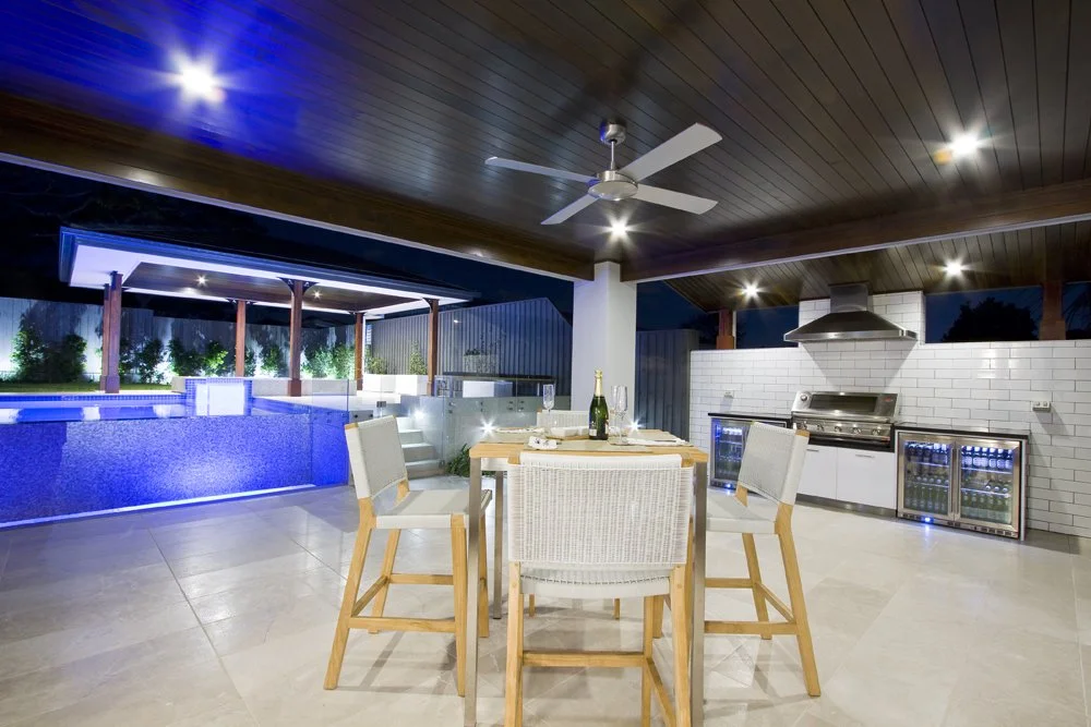 Custom-built elevated swimming pool with poolside pavilion - Brisbane landscaping project