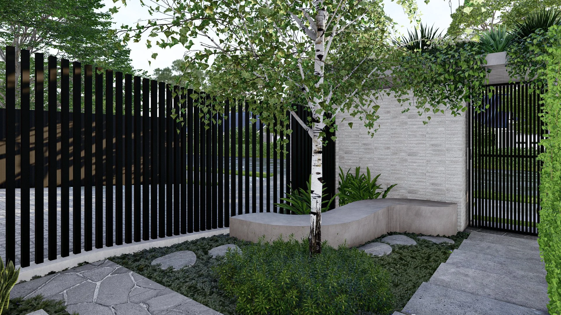 Modern garden with a curved concrete bench around a birch tree, black vertical fence, stone pathway, green plants, and a textured light gray wall.