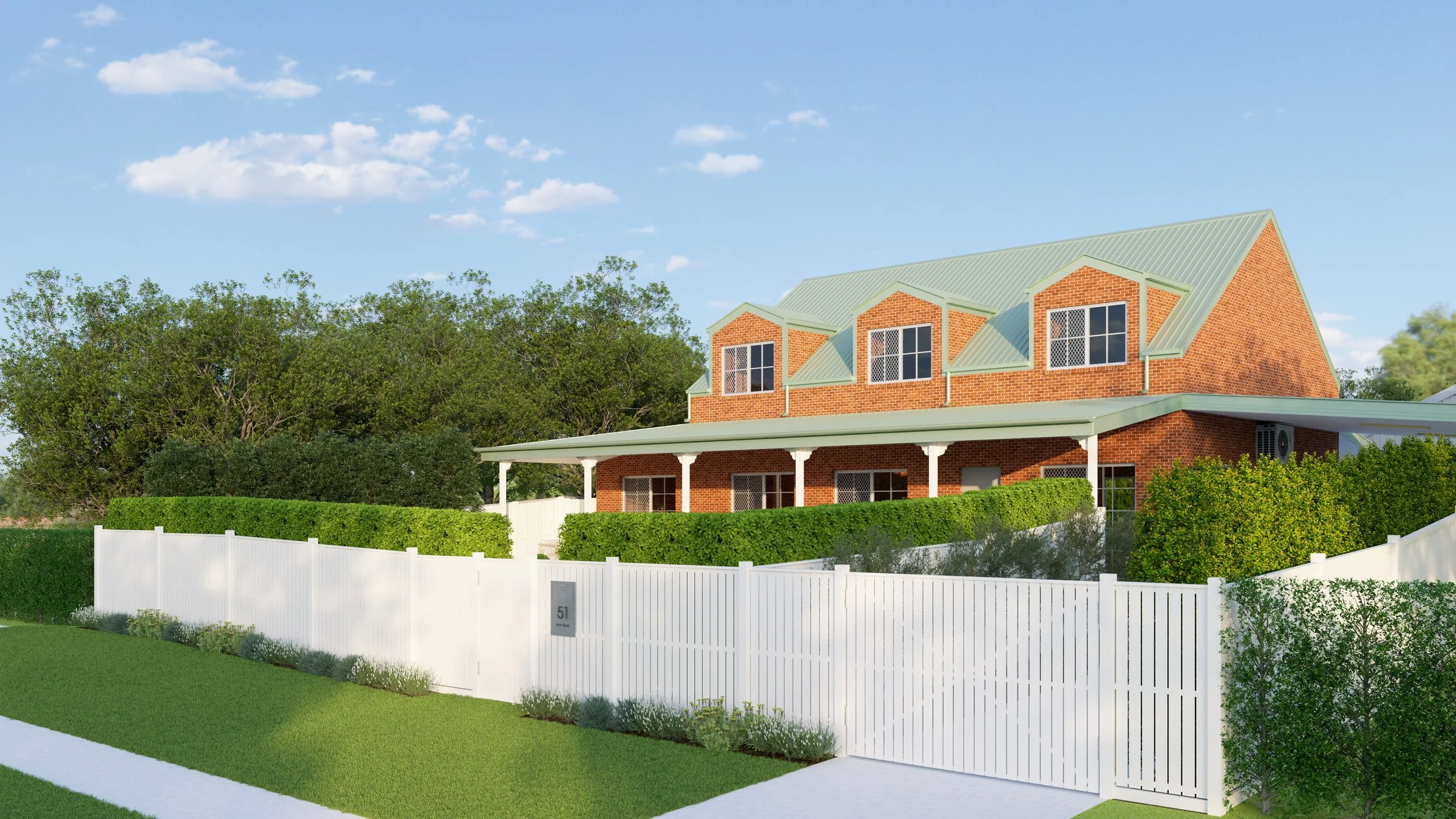 Modern backyard with a swimming pool, outdoor seating area with wooden posts, and a covered pavilion at dusk.