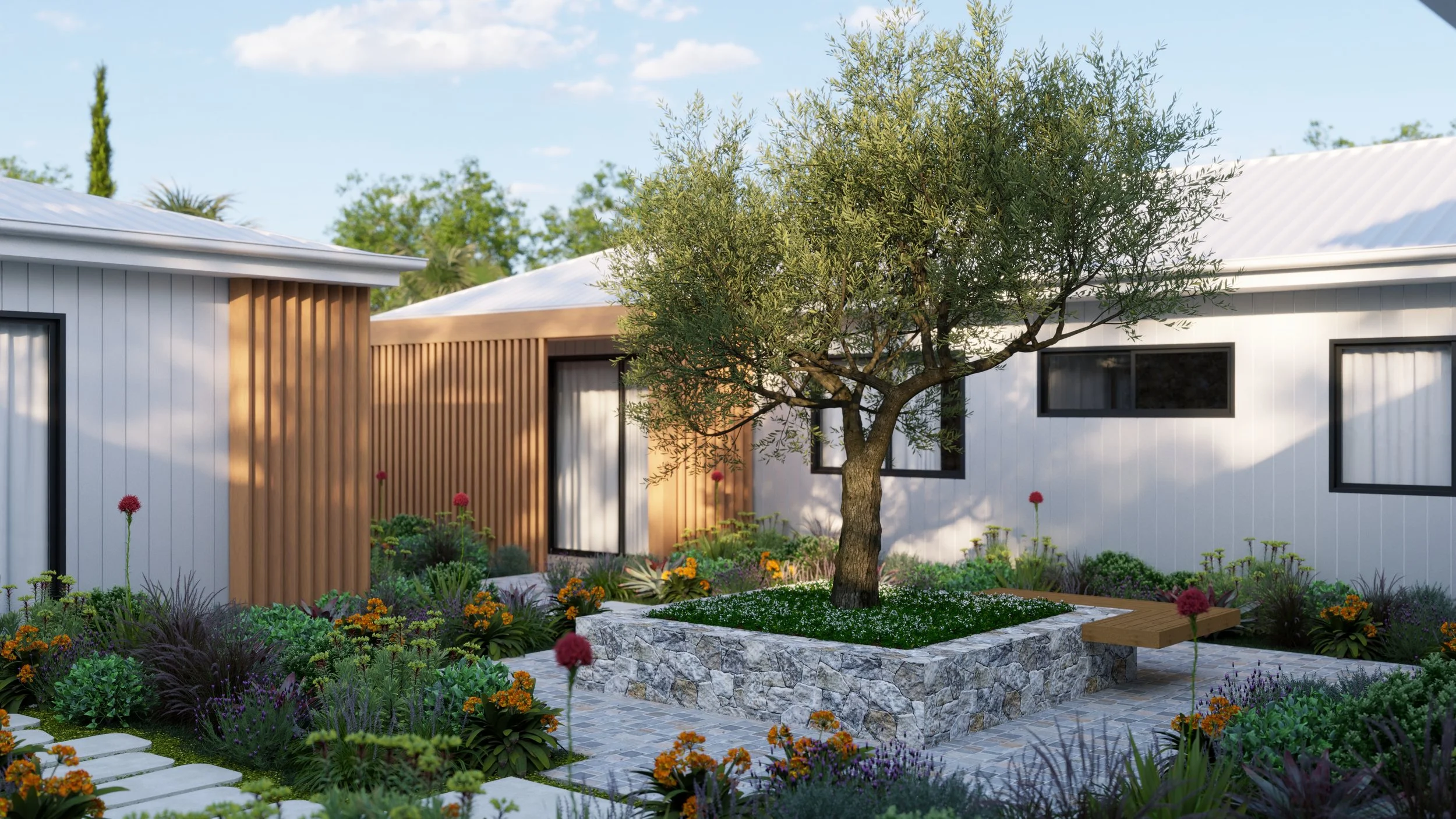 Modern backyard garden with a stone planter, a prominent tree, surrounded by colorful flowers and shrubbery, with two contemporary houses in the background.