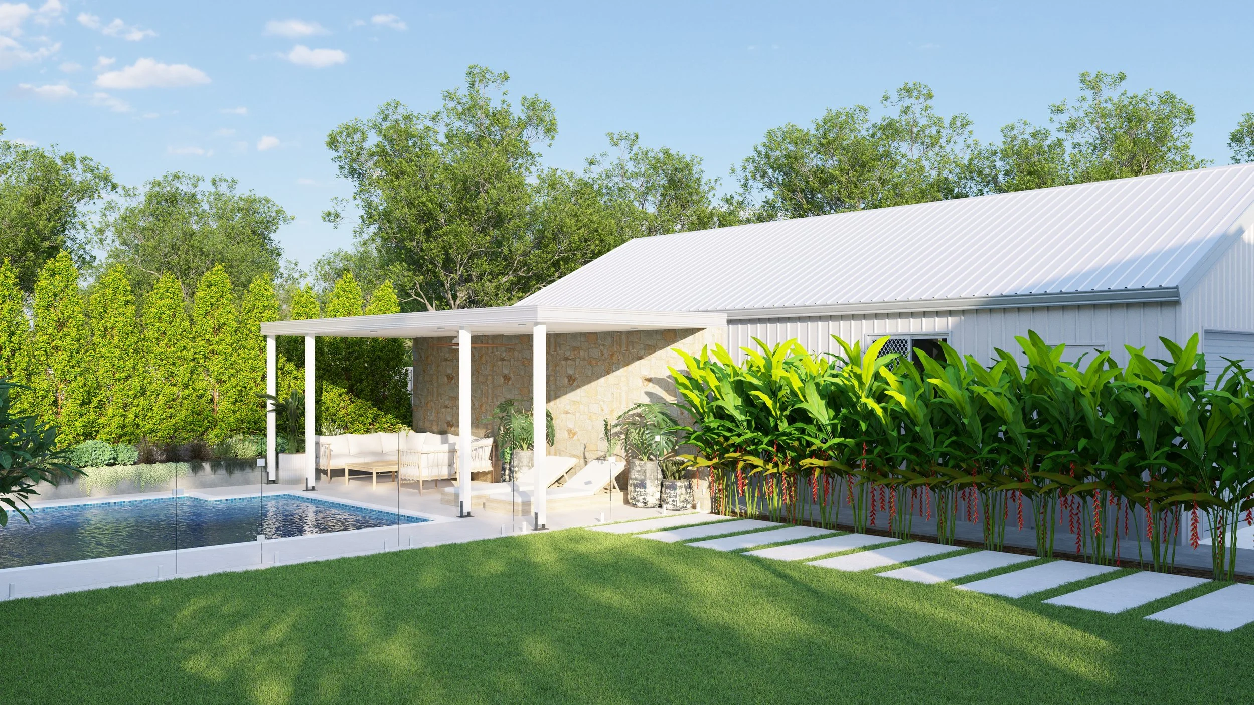 Outdoor entertaining area with illuminated pool and modern stone steps - Landscape design and build in Brisbane