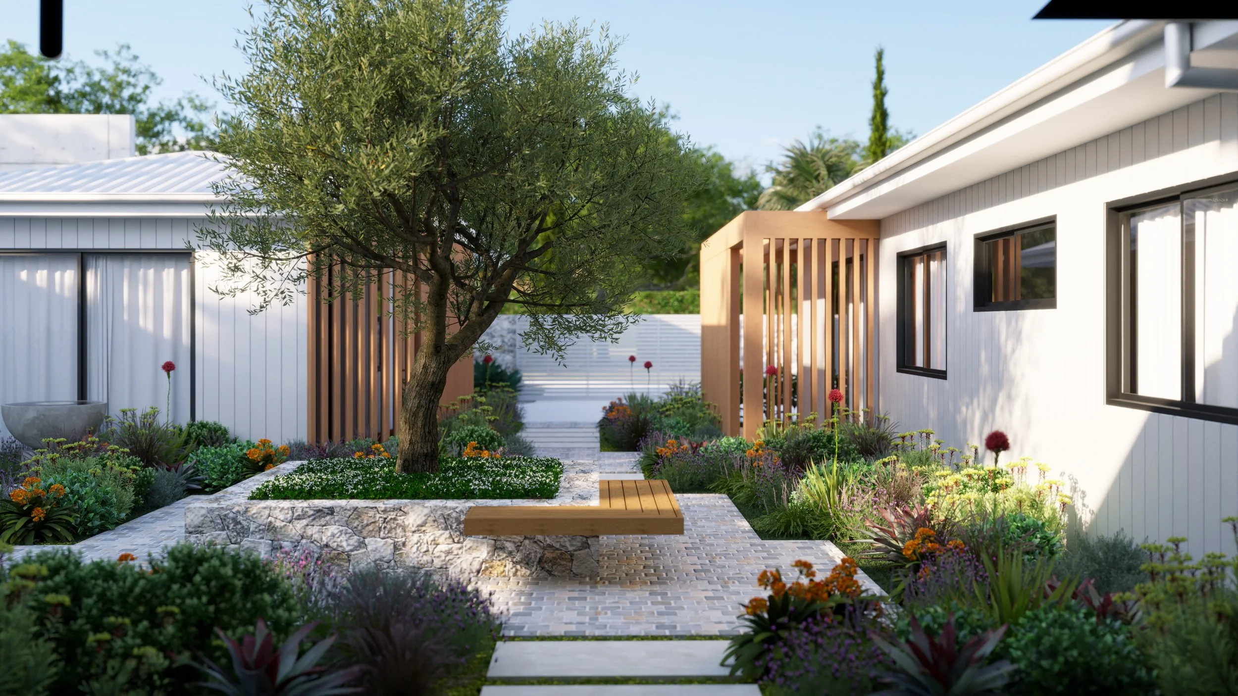 Modern backyard with a swimming pool, outdoor seating area with wooden posts, and a covered pavilion at dusk.
