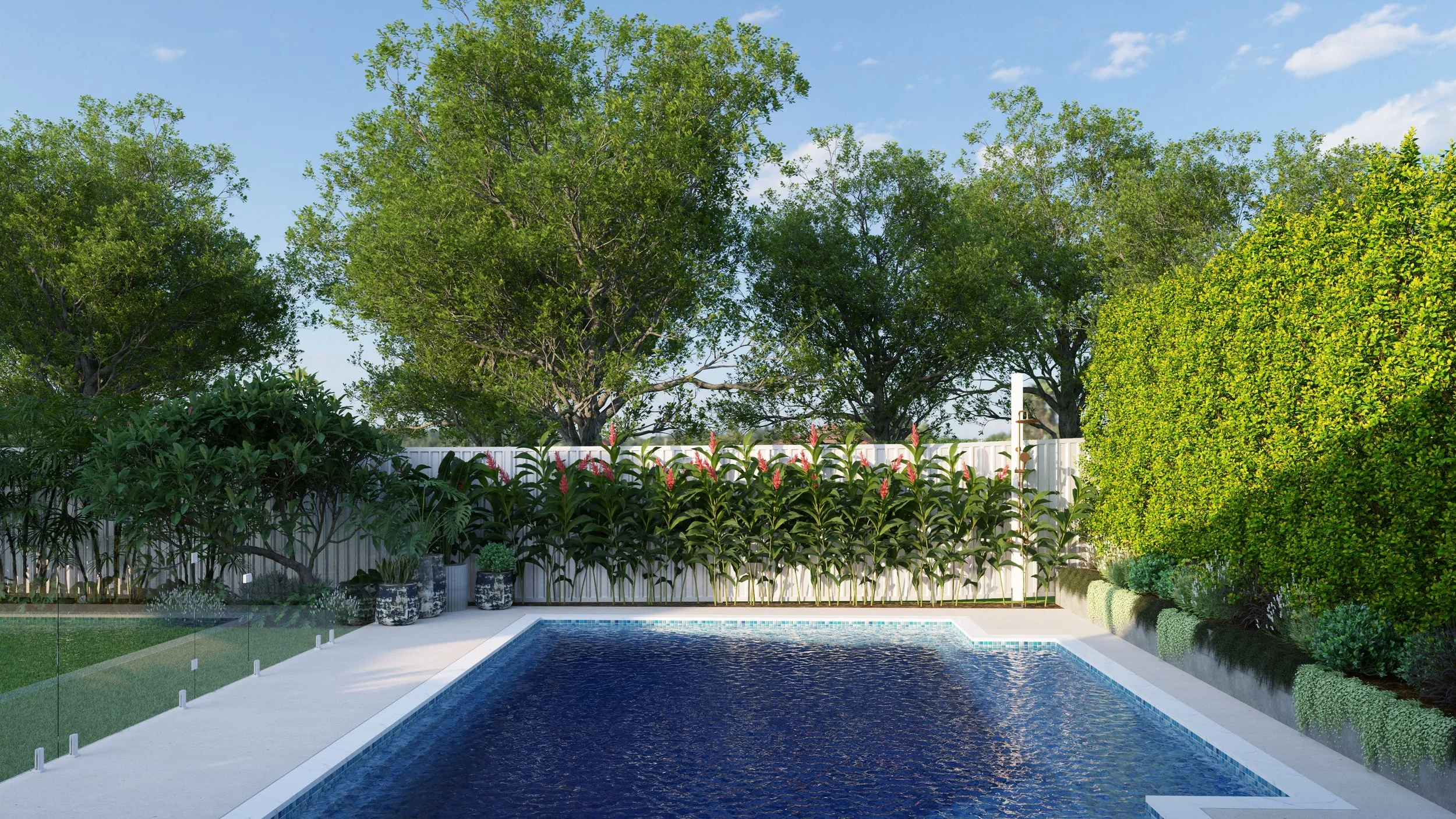 Brisbane backyard transformation featuring infinity-edge pool, Pool cabana and ambient garden lighting
