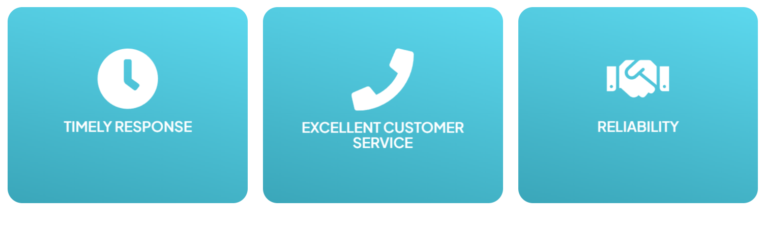 Three blue icons with white symbols and text: a clock with the words 'Timely Response', a telephone receiver with the words 'Excellent Customer Service', and a handshake with the words 'Reliability'.