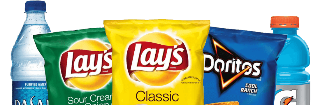 Assorted snack foods and drinks, including bottles of water and chips in various flavors.