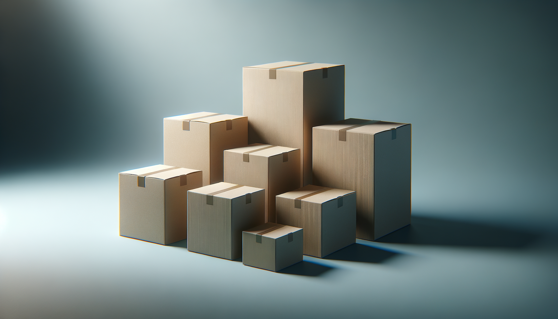 Multiple cardboard boxes of various sizes arranged in a pyramid-like structure on a smooth surface, with soft lighting and a dark, blurred background.