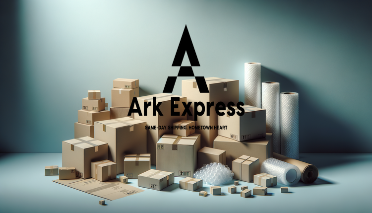 Delivery boxes, bubble wrap, packing tape, and foam rolls arranged with Arkansas Express logo on a wall, suggesting shipping and packaging services.