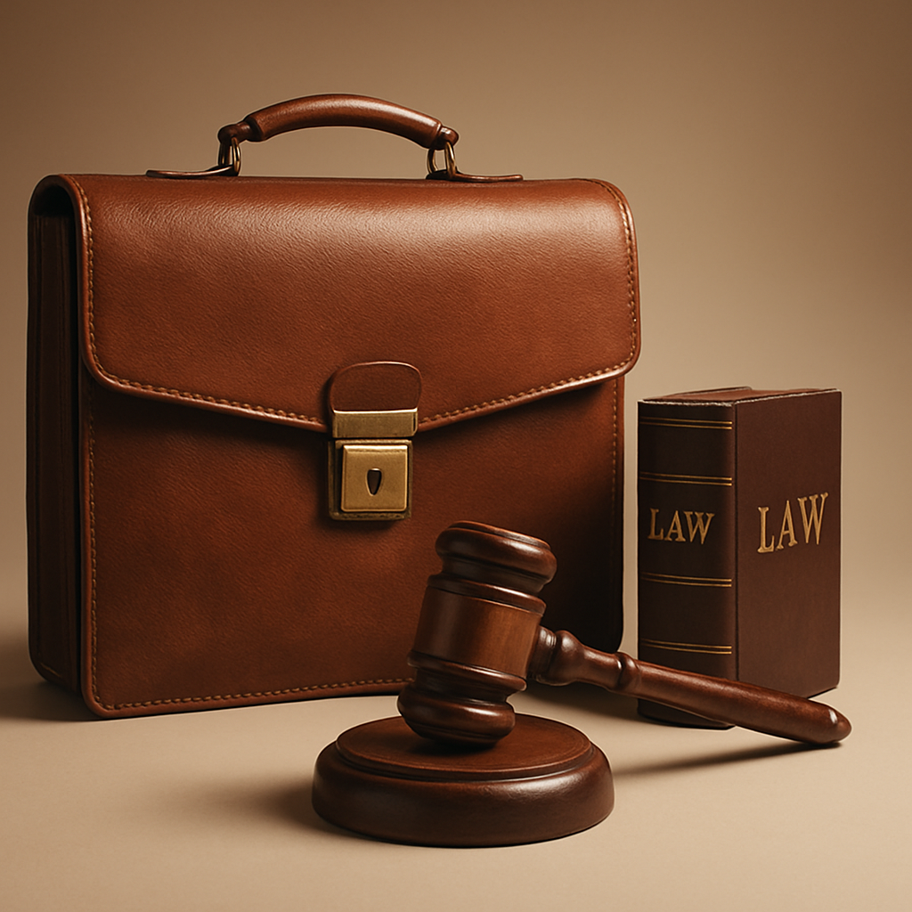 Leather briefcase with a gold lock, a wooden gavel resting on a sound block, and two law books labeled 'LAW' placed next to each other on a beige surface.