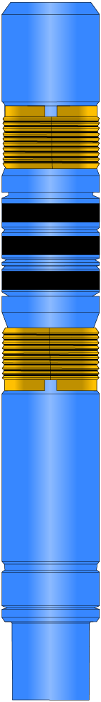 Vertical schematic diagram of a blue plastic water filter with yellow filter components.