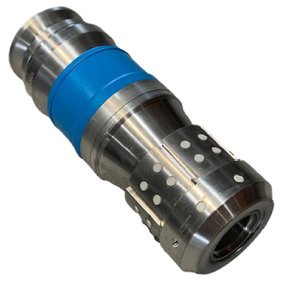 A precision machine part, possibly a camera lens or industrial component, made of metal with a blue band and multiple holes around its circumference.