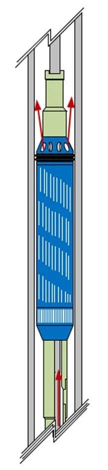 Diagram of a cooling tower with water flowing downward and air exiting at the top.